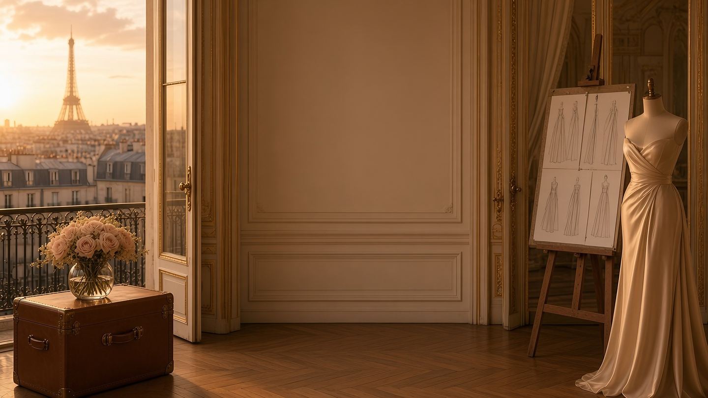 A Paris atelier at golden hour with a champagne satin gown on a dress form, couture sketches and blush roses on a leather trunk